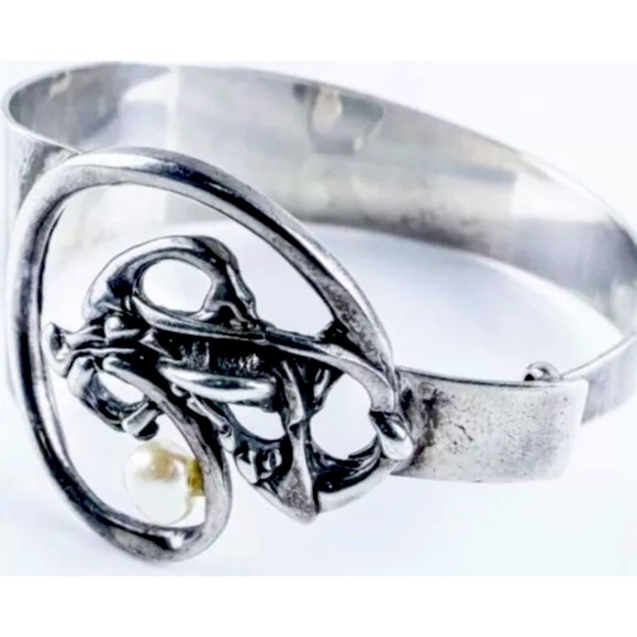 Vintage Estate Sterling Silver Bangle with Pearl - Picture 1 of 2